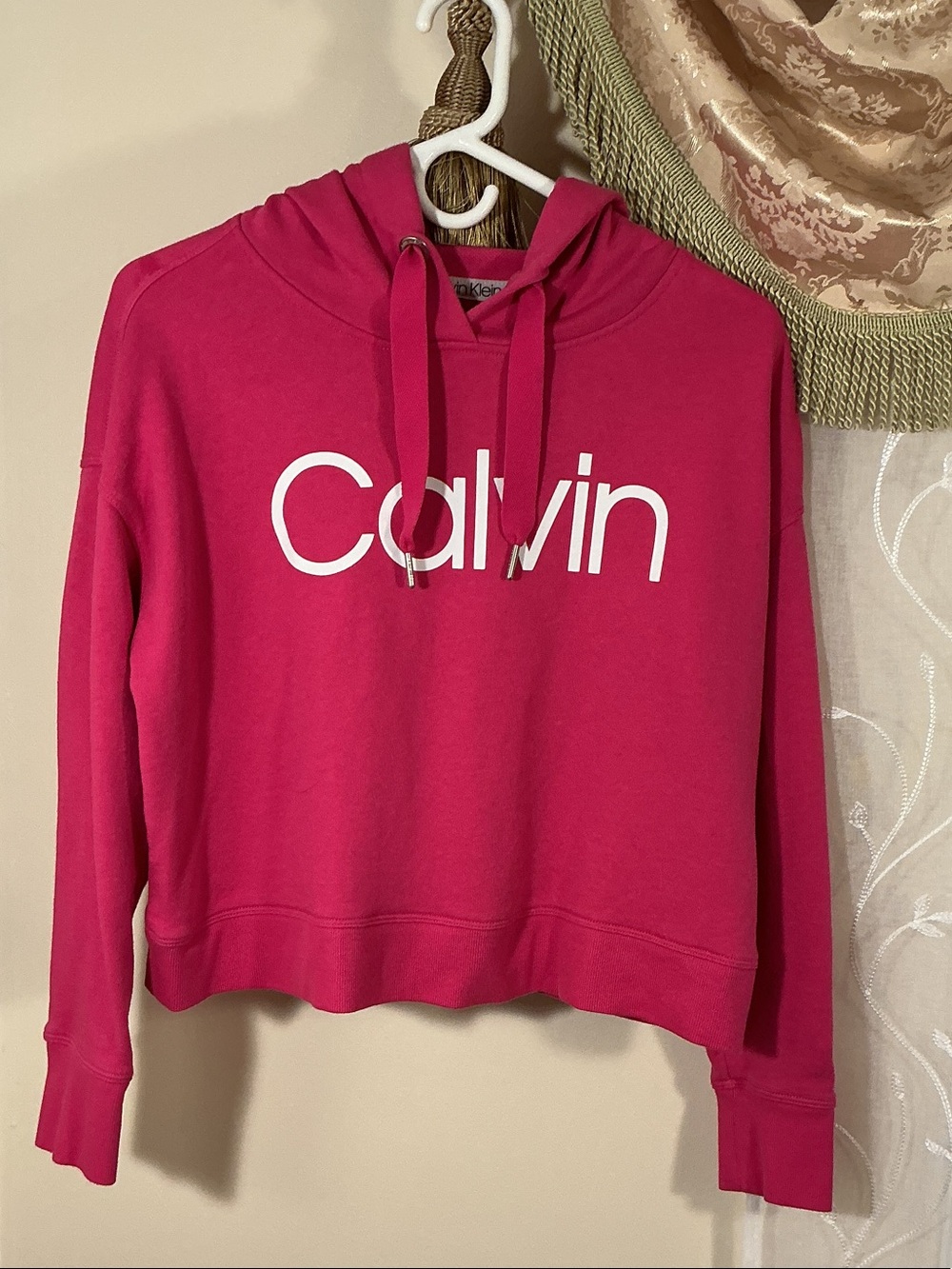 Calvin Klein Cropped Hoodie Sweatshirt - Pink & Logo Drawstring Sz S P Cotton